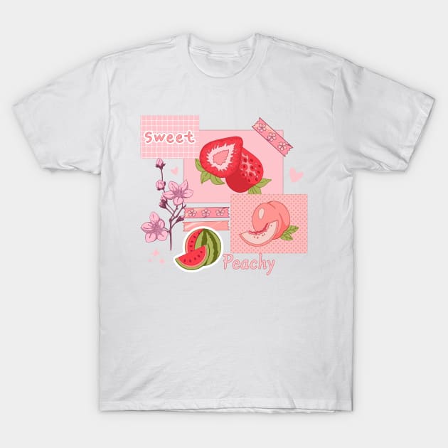 The peachy pink design with  various berries, fruits, and other cute stickers T-Shirt by AnGo